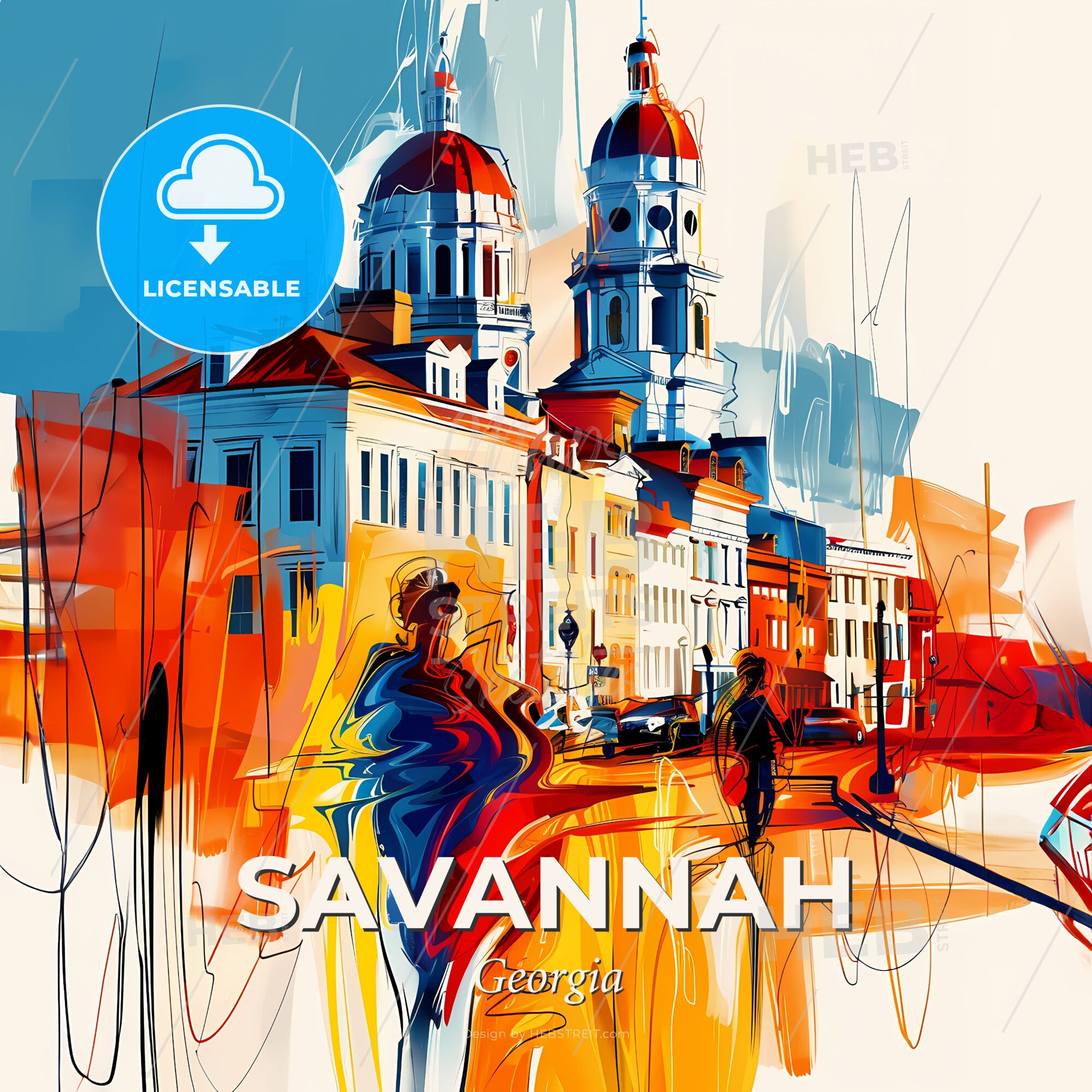 Vibrant Savannah, Georgia - A Painting Of A Street With Buildings And A Couple Of People - Square format print template