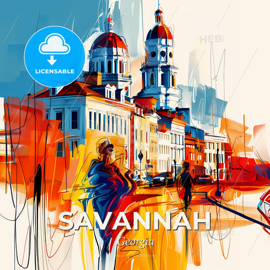 Vibrant Savannah, Georgia - A Painting Of A Street With Buildings And A Couple Of People - Square format print template