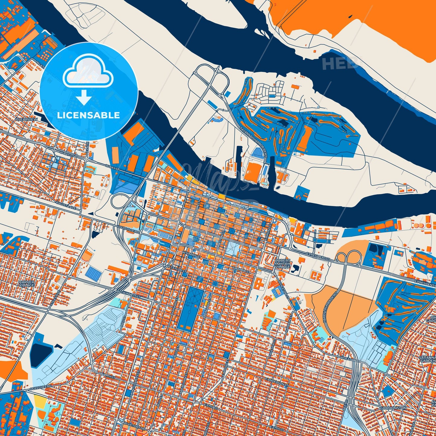 Colorful Savannah Street Map with Labels and Buildings