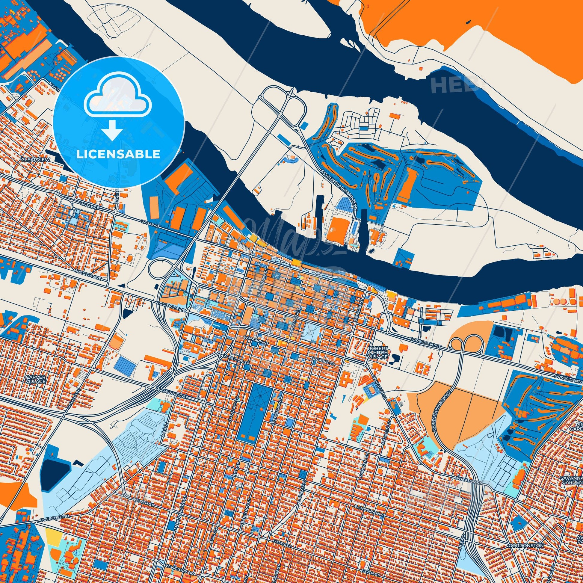 Colorful Savannah Street Map with Labels and Buildings