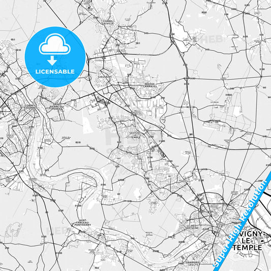 Savigny-le-Temple, France light map with streetnames, citynames and districts