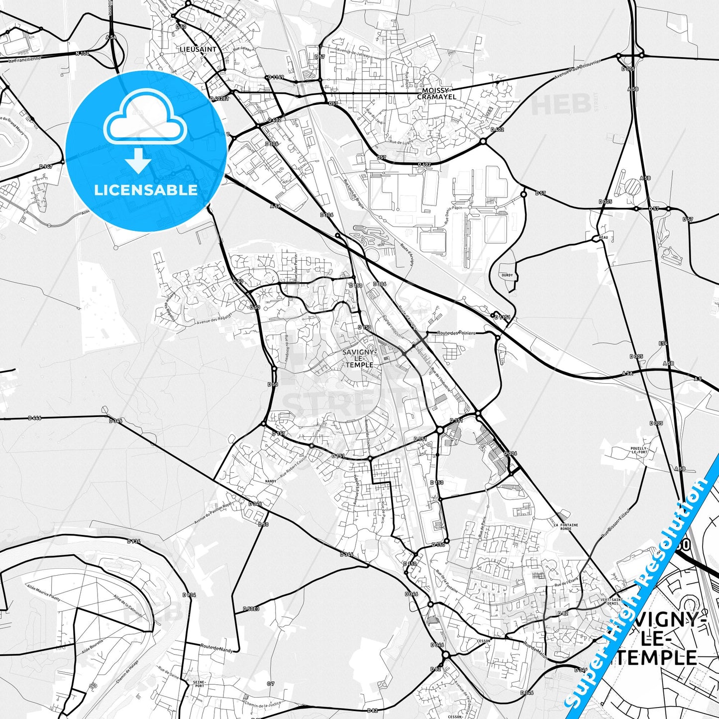 Savigny-le-Temple, France Light Map with Street Names, City Names, and Districts