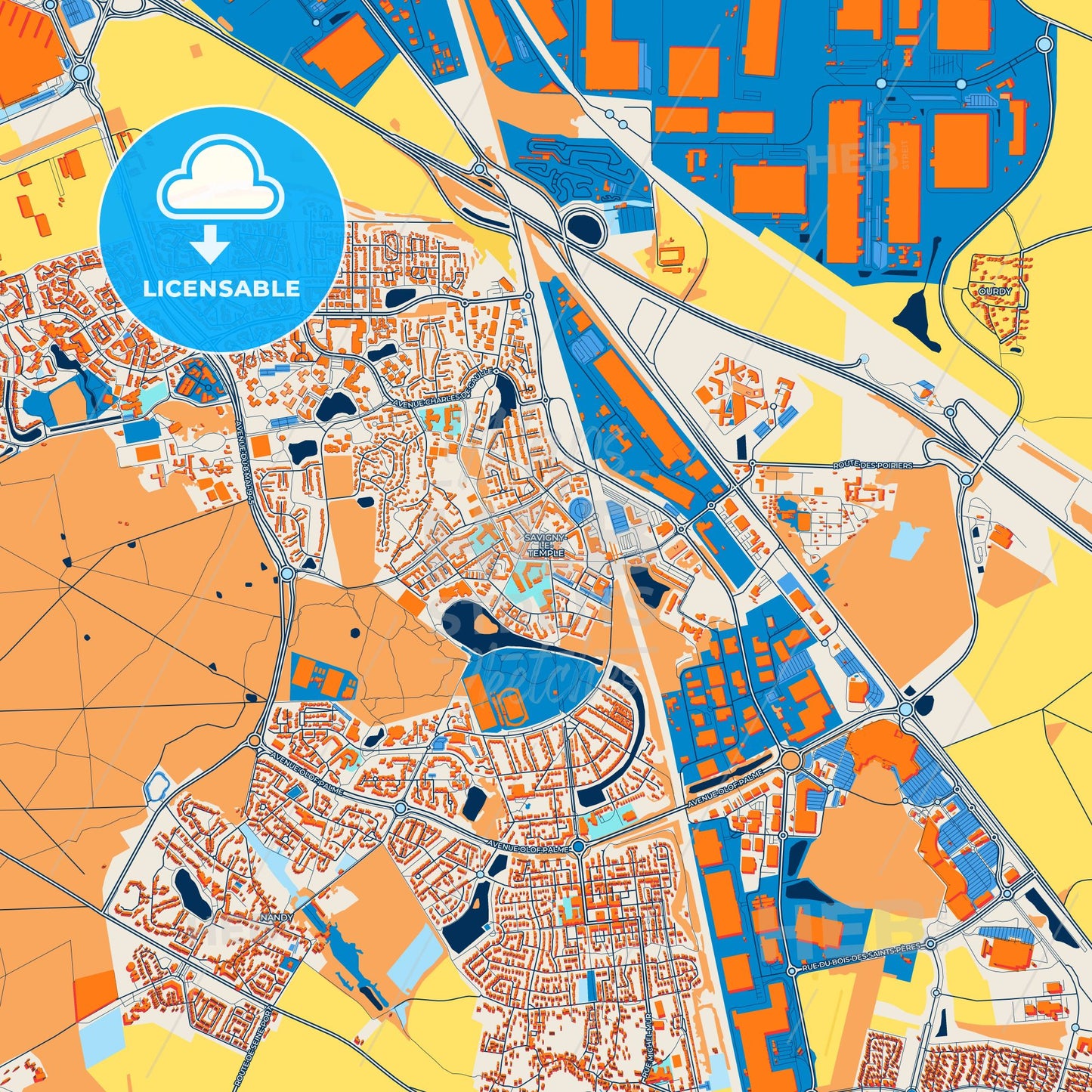 Colorful Savigny-le-Temple Street Map with Labels and Buildings