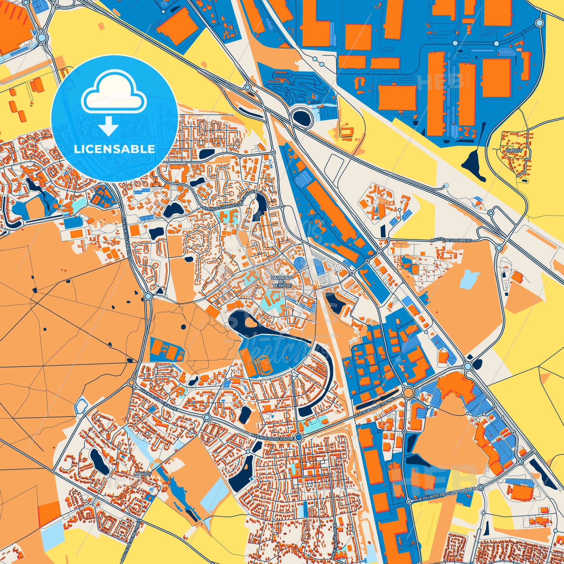 Colorful Savigny-le-Temple Street Map with Labels and Buildings