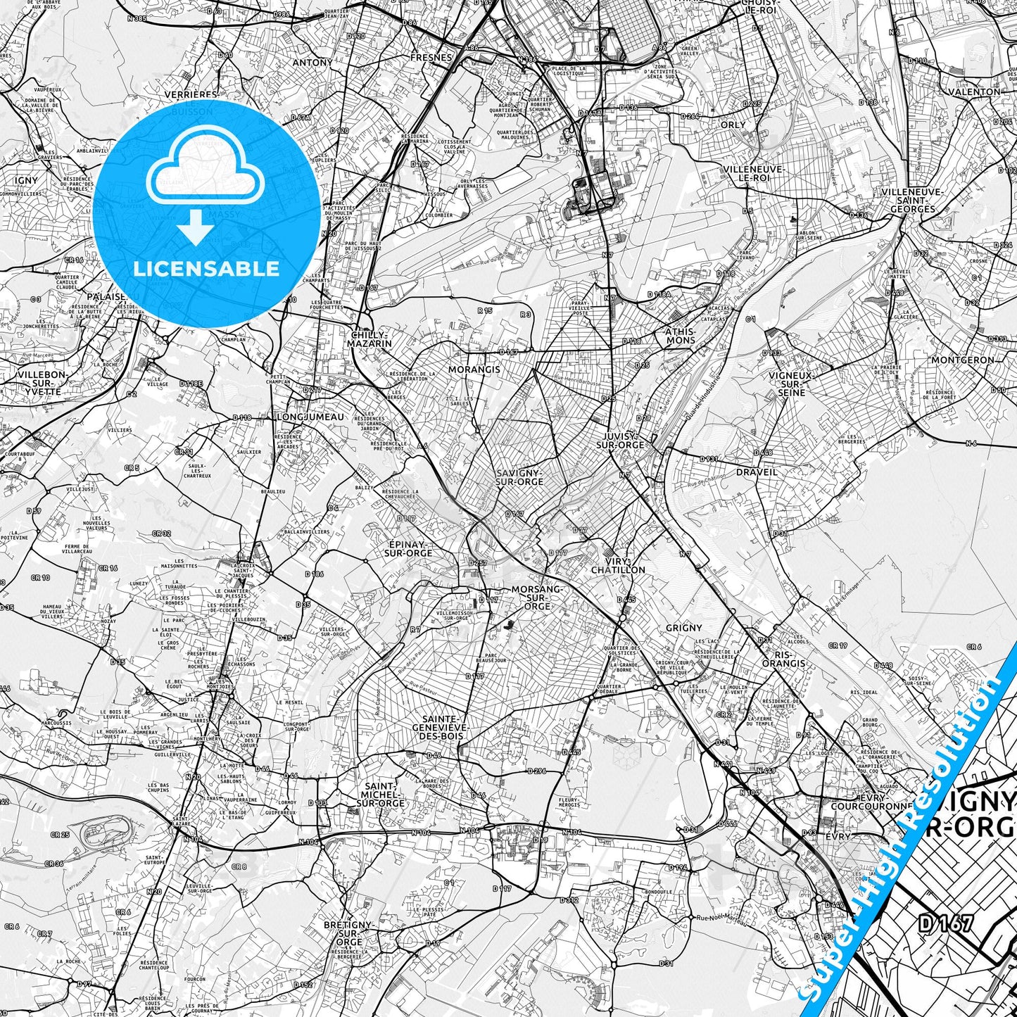 Savigny-sur-Orge, France light map with streetnames, citynames and districts