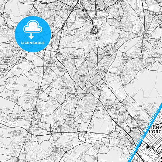 Savigny-sur-Orge, France light map with streetnames, citynames and districts