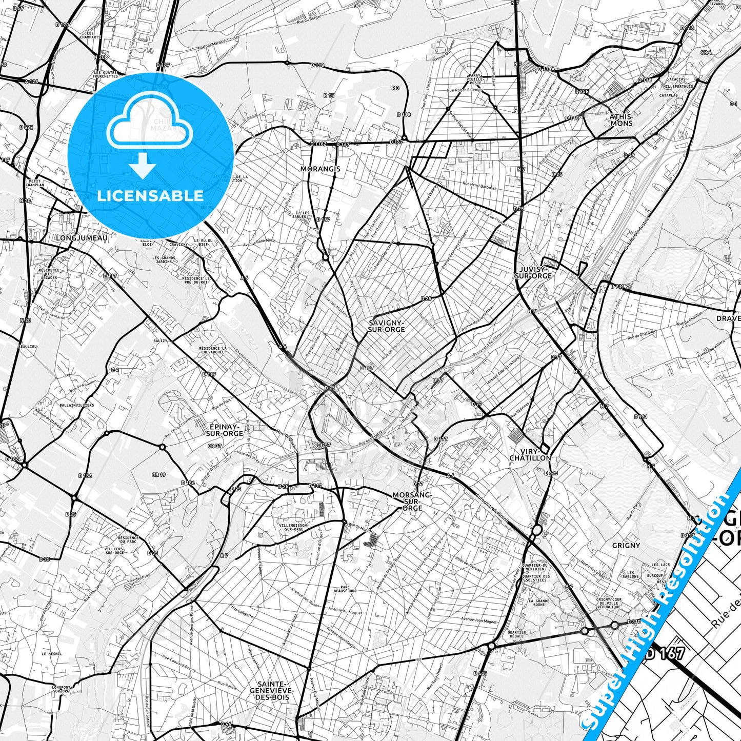 Savigny-sur-Orge, France Light Map with Street Names, City Names, and Districts
