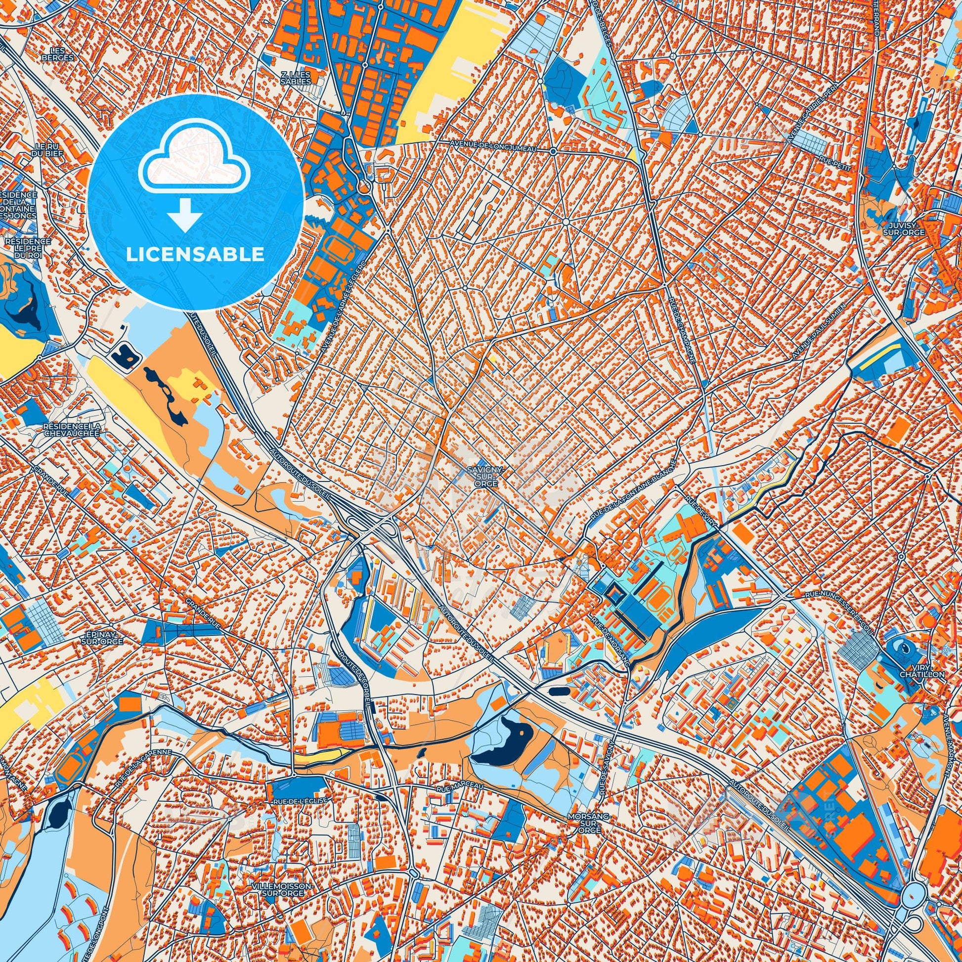 Colorful Savigny-sur-Orge Street Map with Labels and Buildings