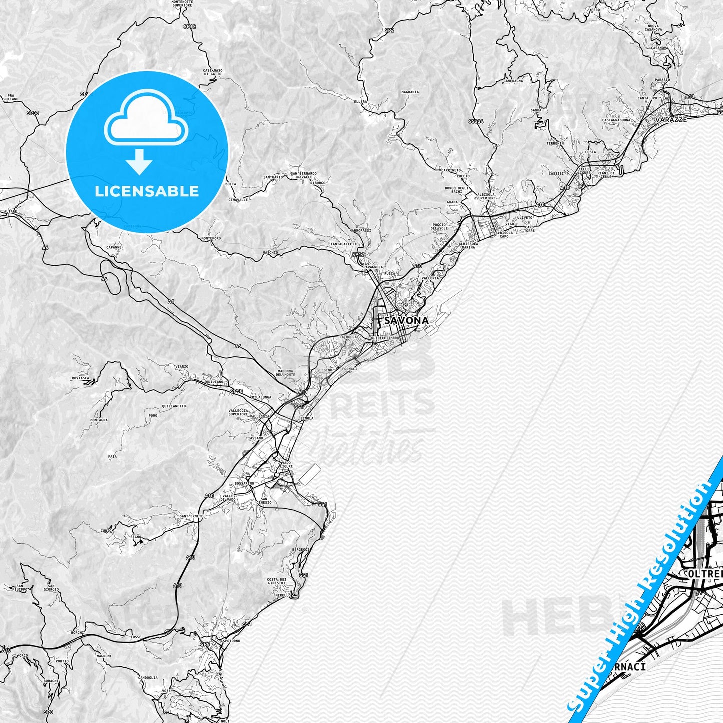 Savona, Italy light map with streetnames, citynames and districts