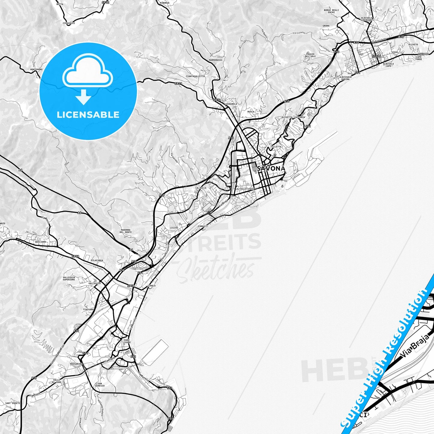 Savona, Italy Light Map with Street Names, City Names, and Districts