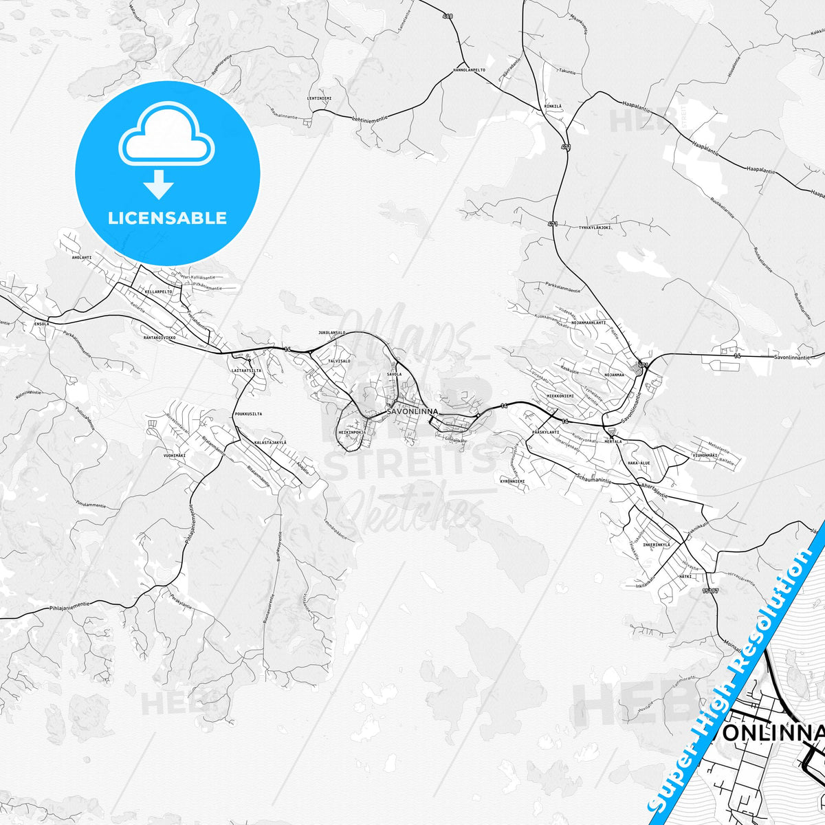 Savonlinna, Finland light map with streetnames, citynames and districts