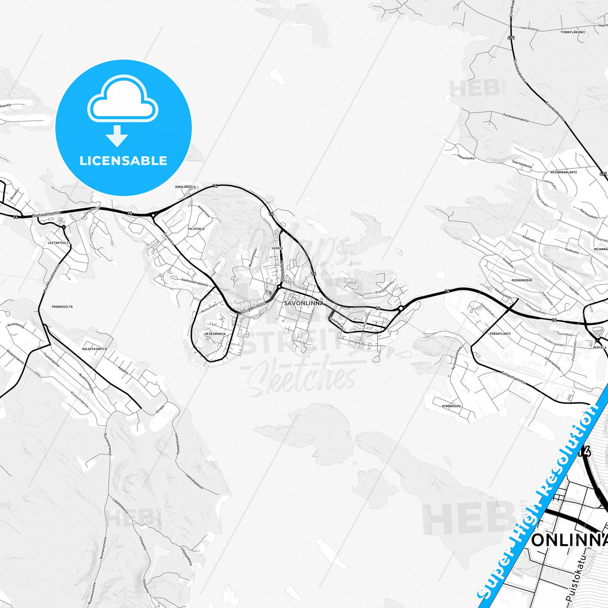 Savonlinna, Finland Light Map with Street Names, City Names, and Districts