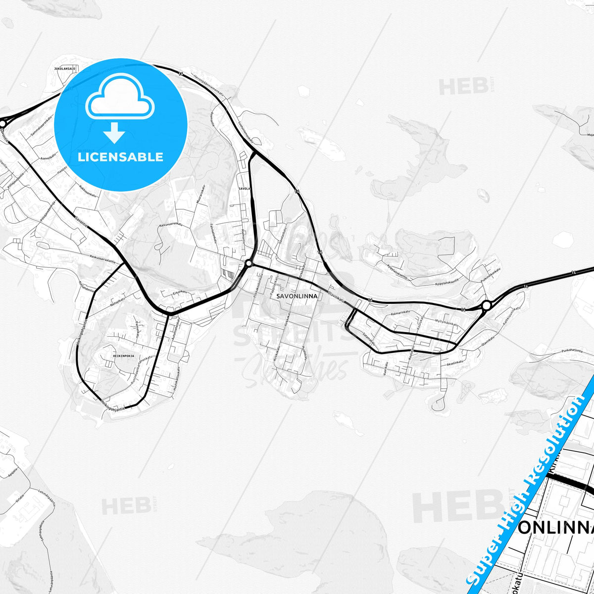 Savonlinna, Finland Light Map with Street Names, City Names, and Districts