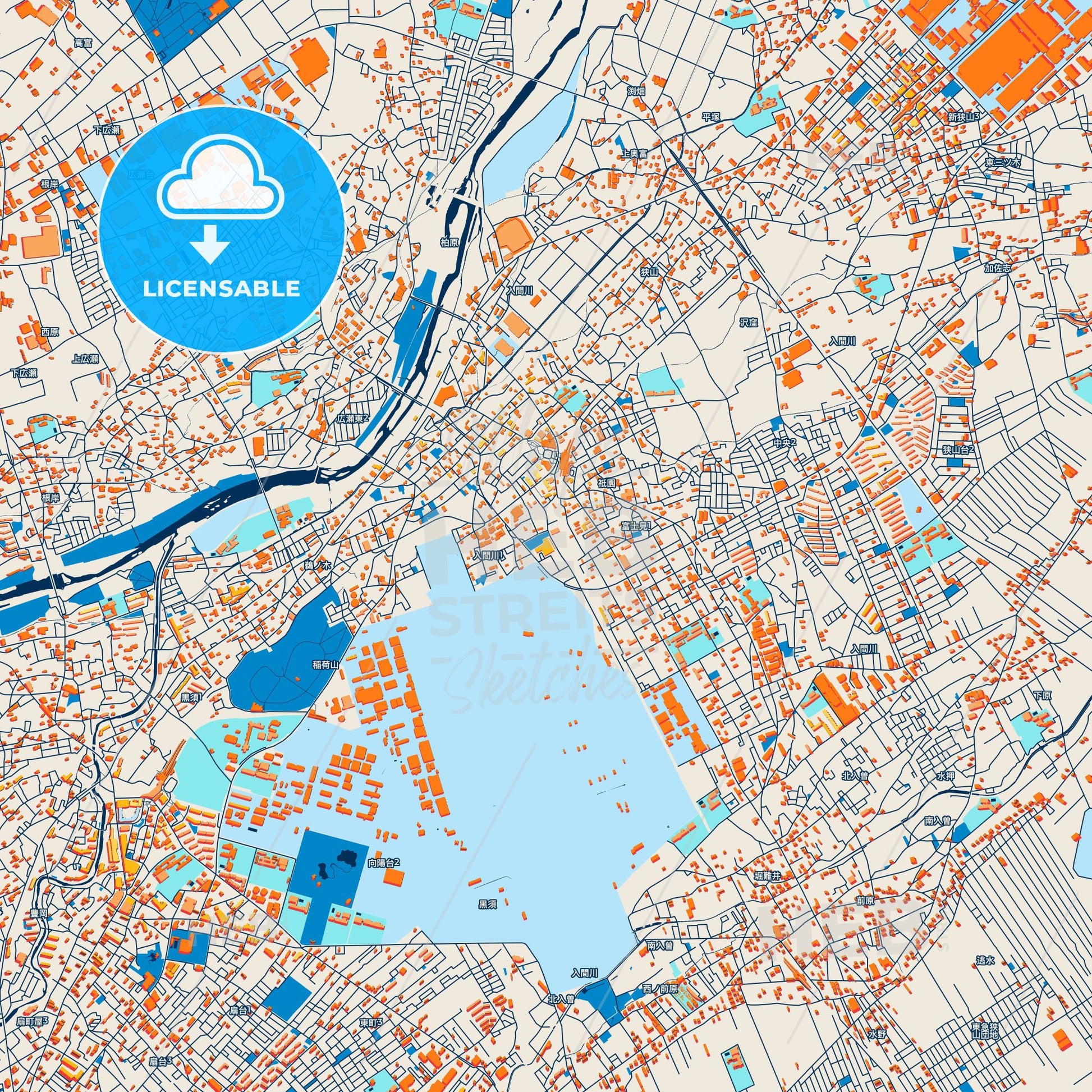 Colorful Sayama Street Map with Labels and Buildings