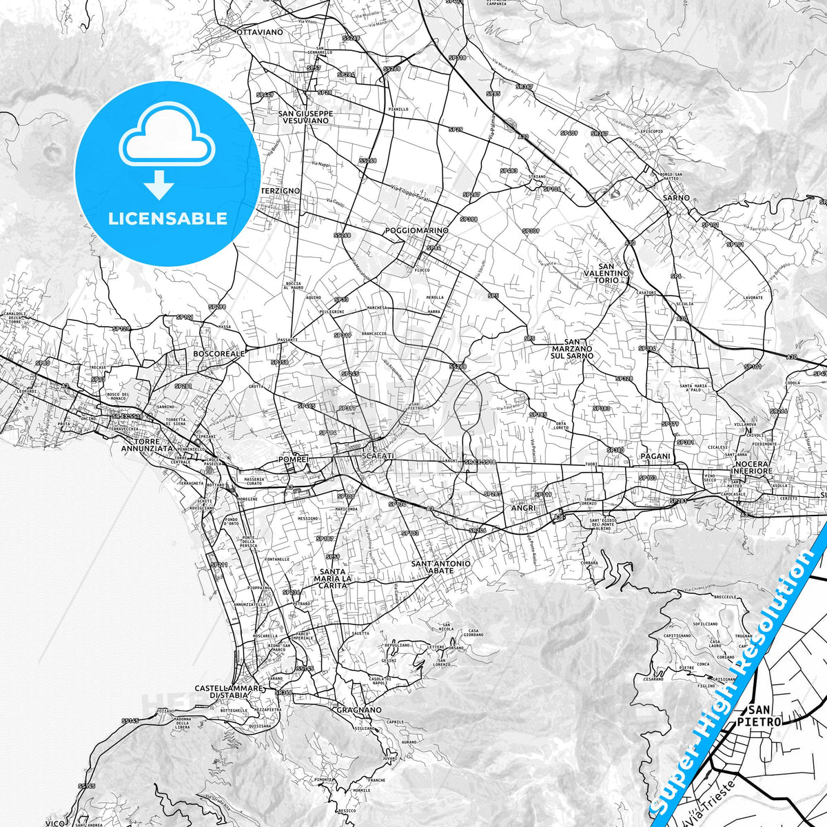Scafati, Italy light map with streetnames, citynames and districts