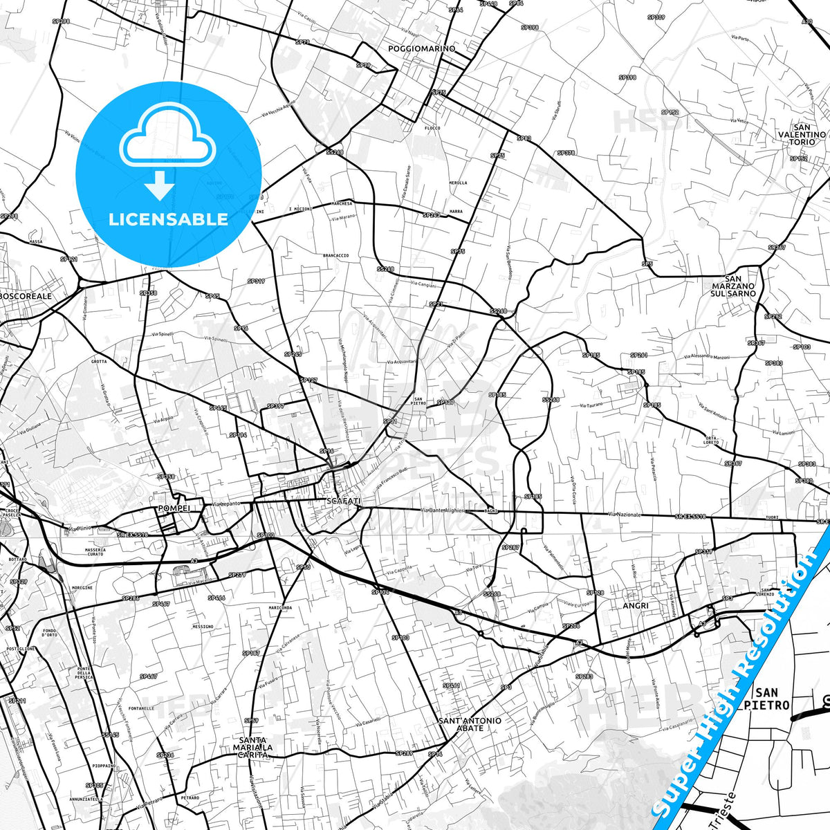 Scafati, Italy Light Map with Street Names, City Names, and Districts