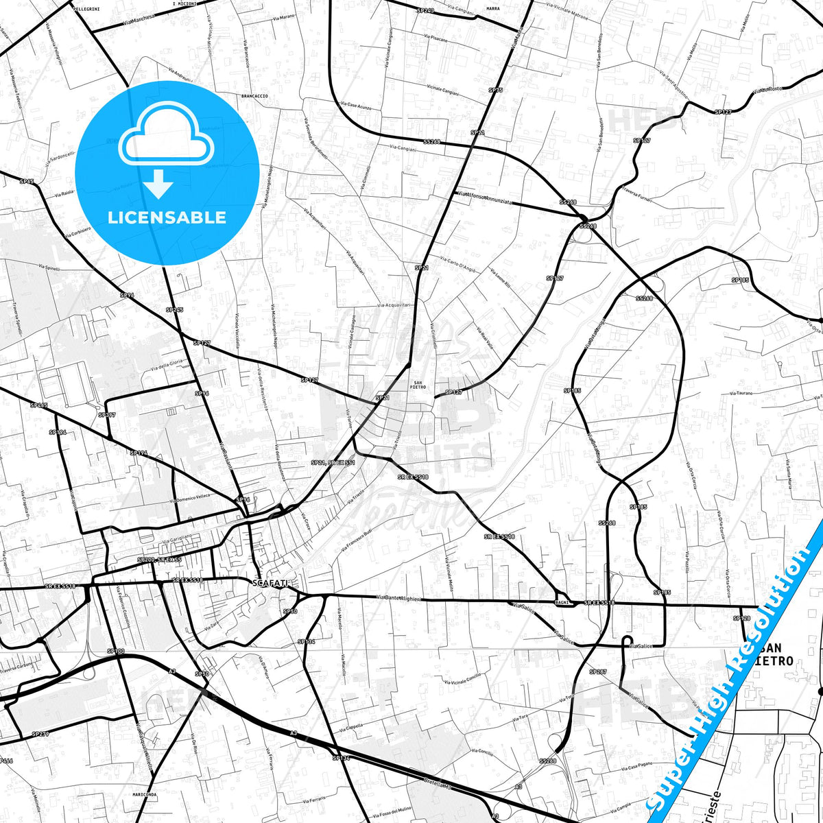 Scafati, Italy Light Map with Street Names, City Names, and Districts