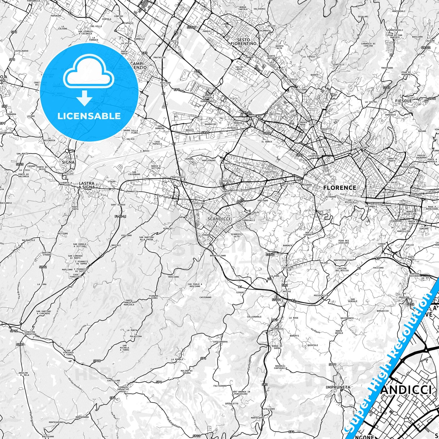 Scandicci, Italy light map with streetnames, citynames and districts