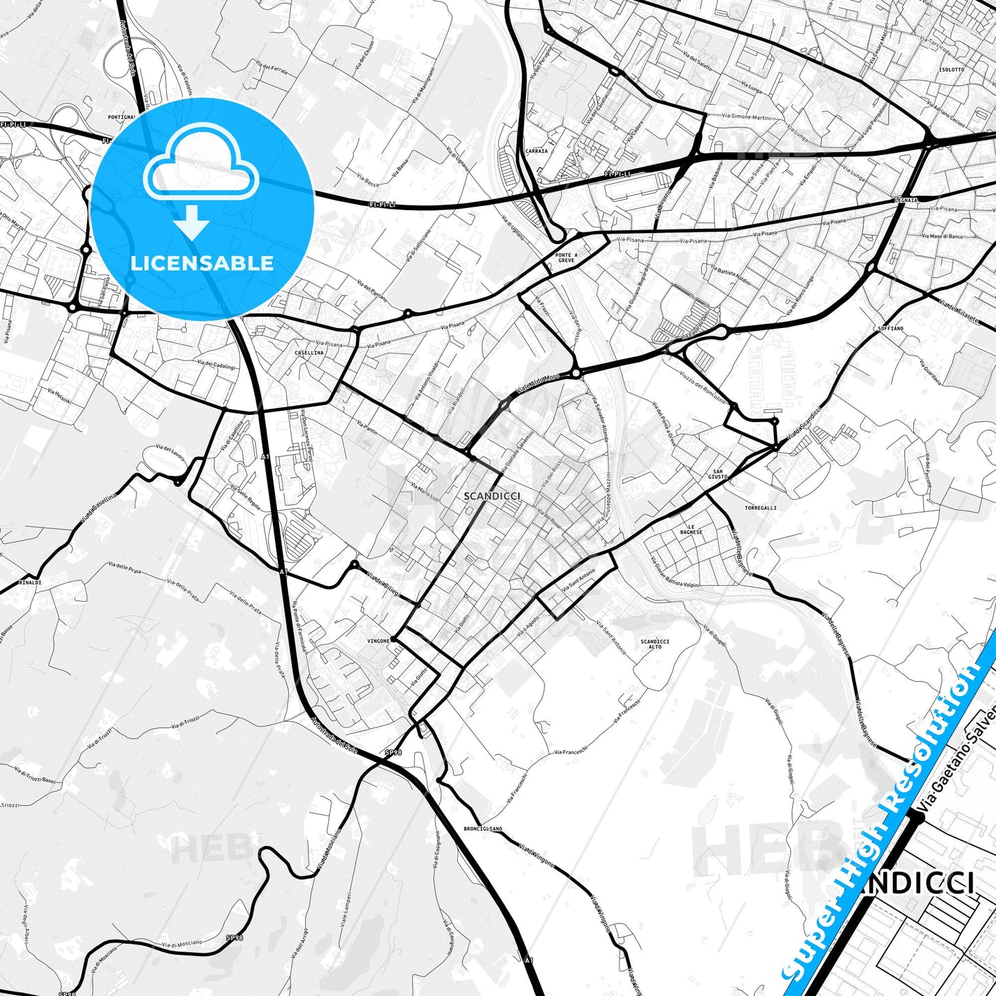 Scandicci, Italy Light Map with Street Names, City Names, and Districts