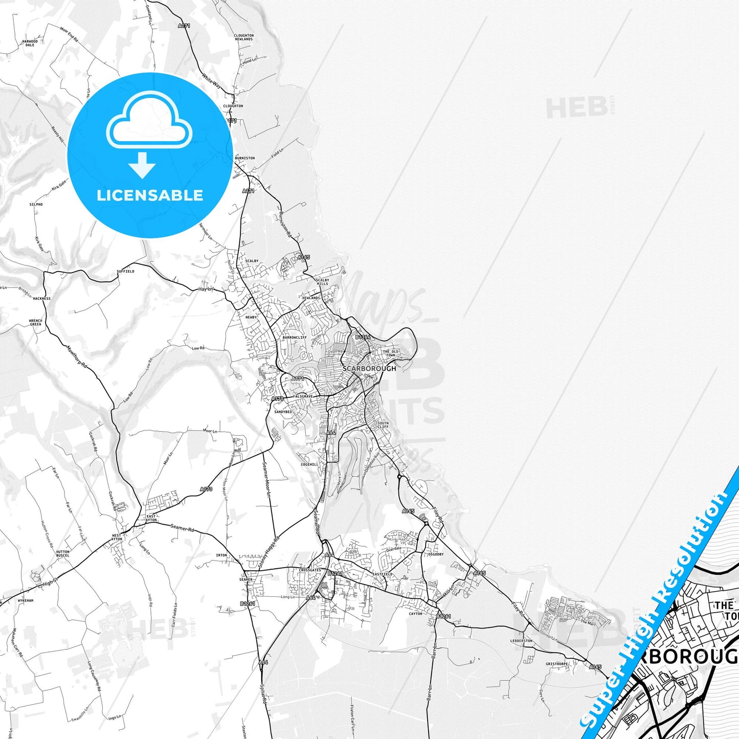 Scarborough, England light map with streetnames, citynames and districts
