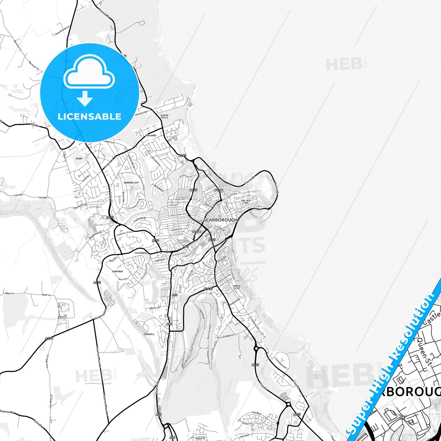 Scarborough, England Light Map with Street Names, City Names, and Districts
