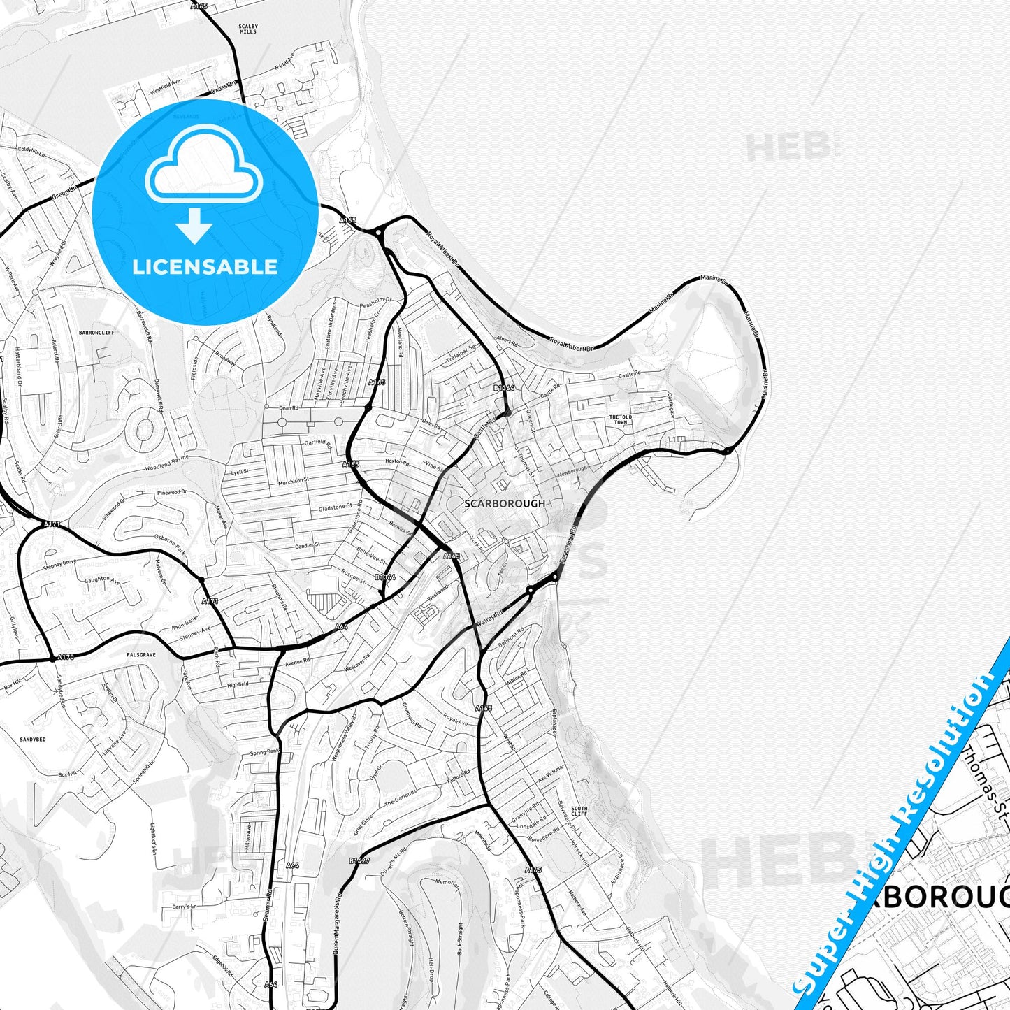 Scarborough, England Light Map with Street Names, City Names, and Districts