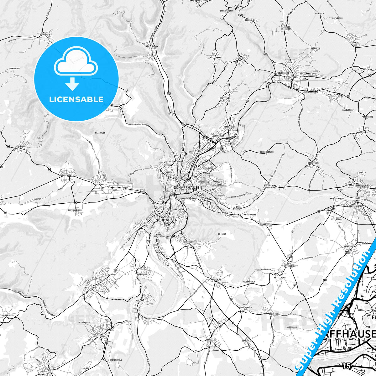 Schaffhausen, Switzerland light map with streetnames, citynames and districts