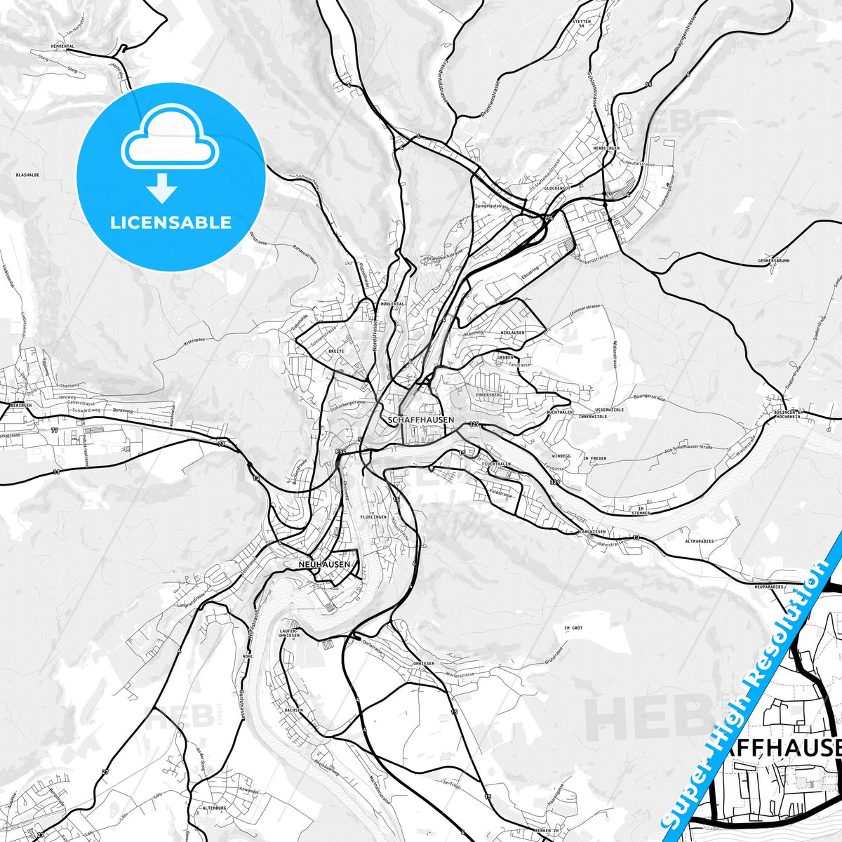 Schaffhausen, Switzerland Light Map with Street Names, City Names, and Districts