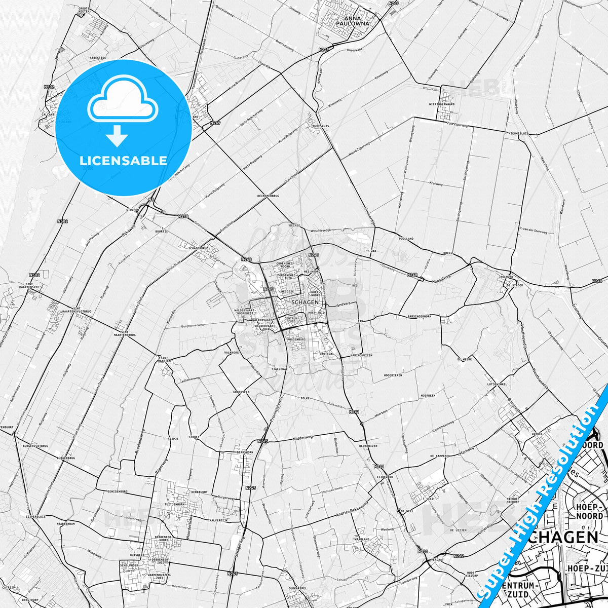 Schagen, Netherlands light map with streetnames, citynames and districts