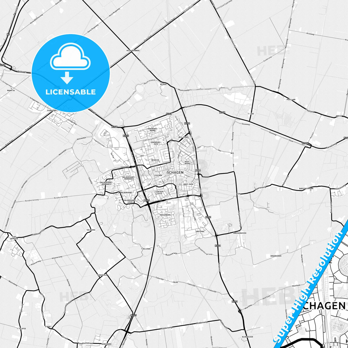 Schagen, Netherlands Light Map with Street Names, City Names, and Districts