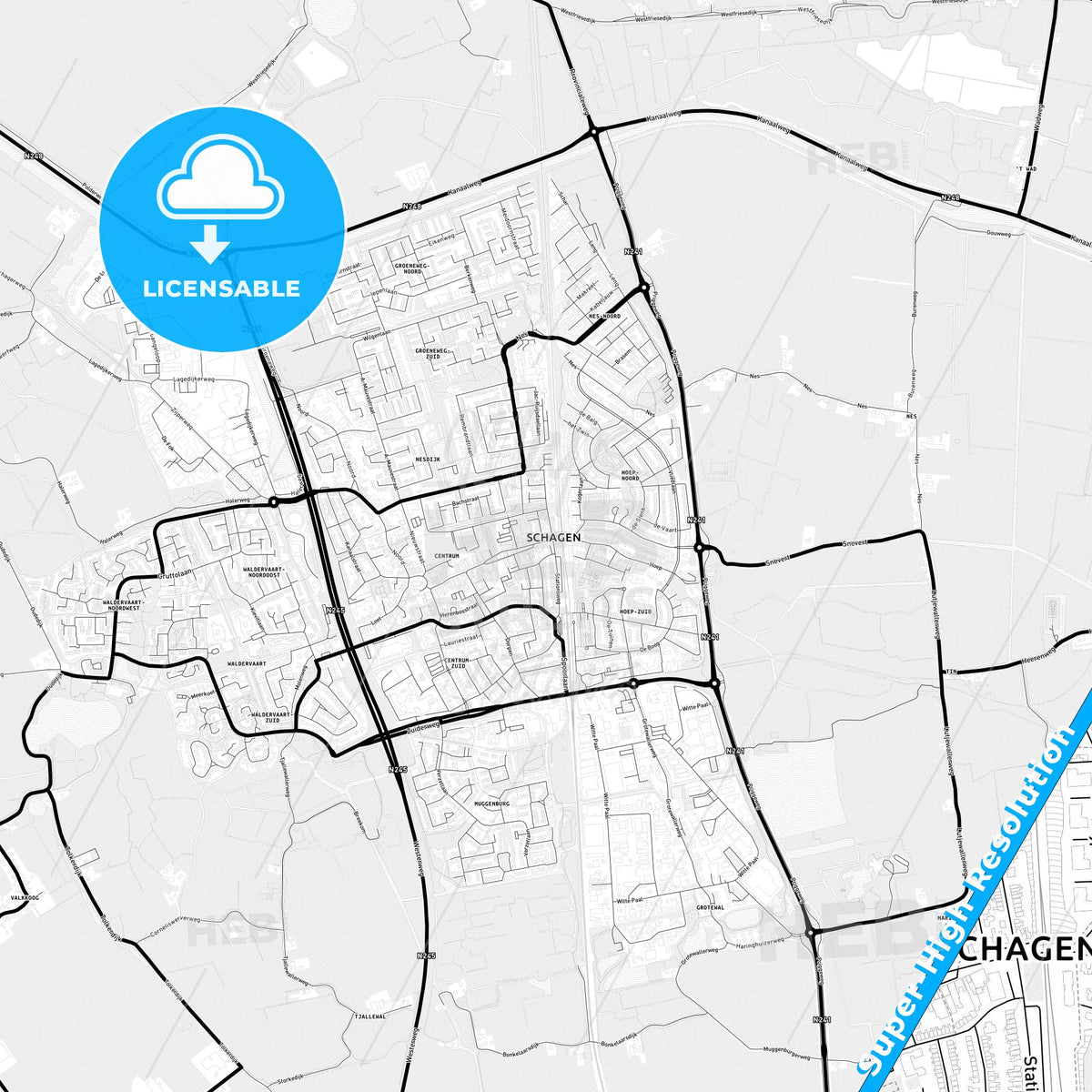 Schagen, Netherlands Light Map with Street Names, City Names, and Districts