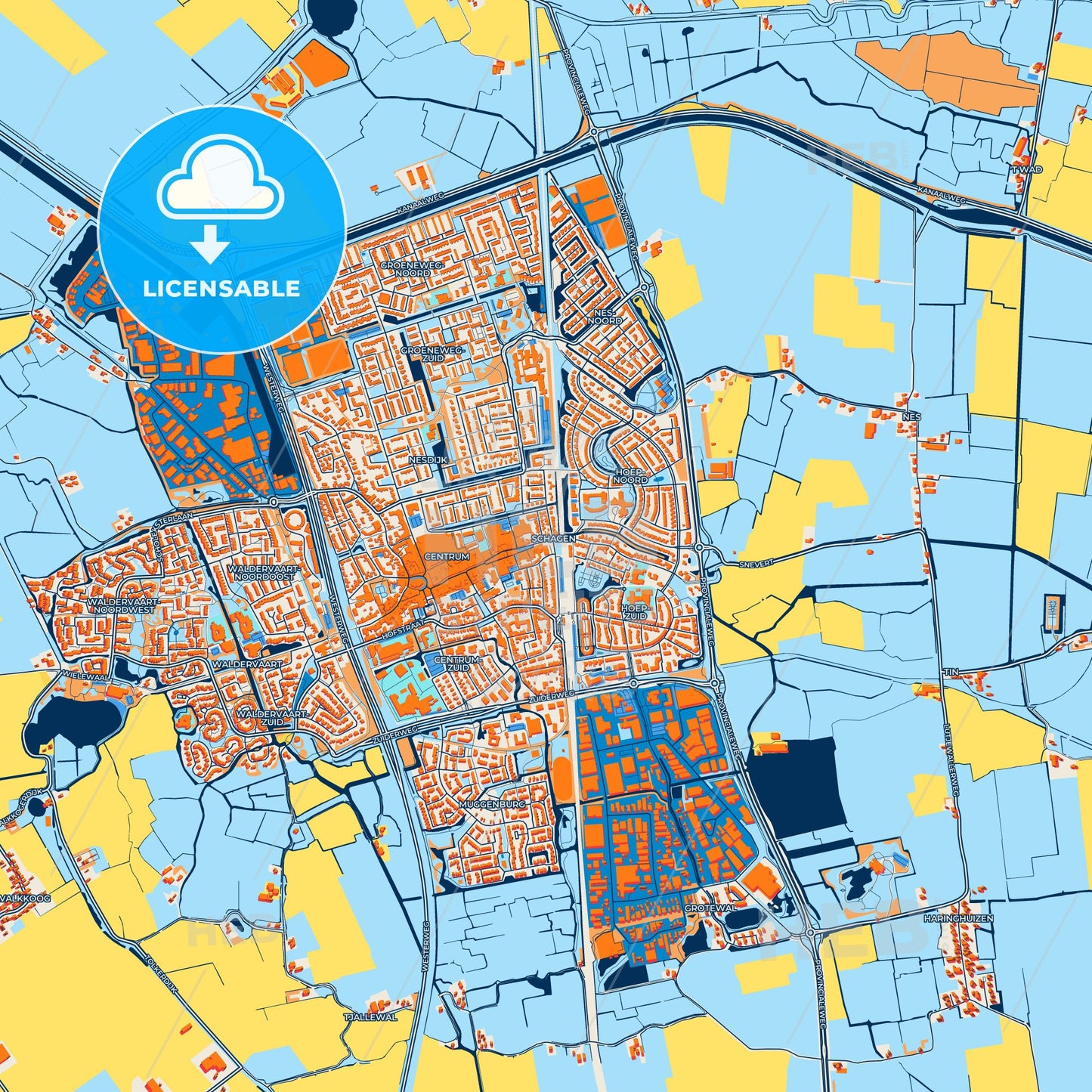 Colorful Schagen Street Map with Labels and Buildings