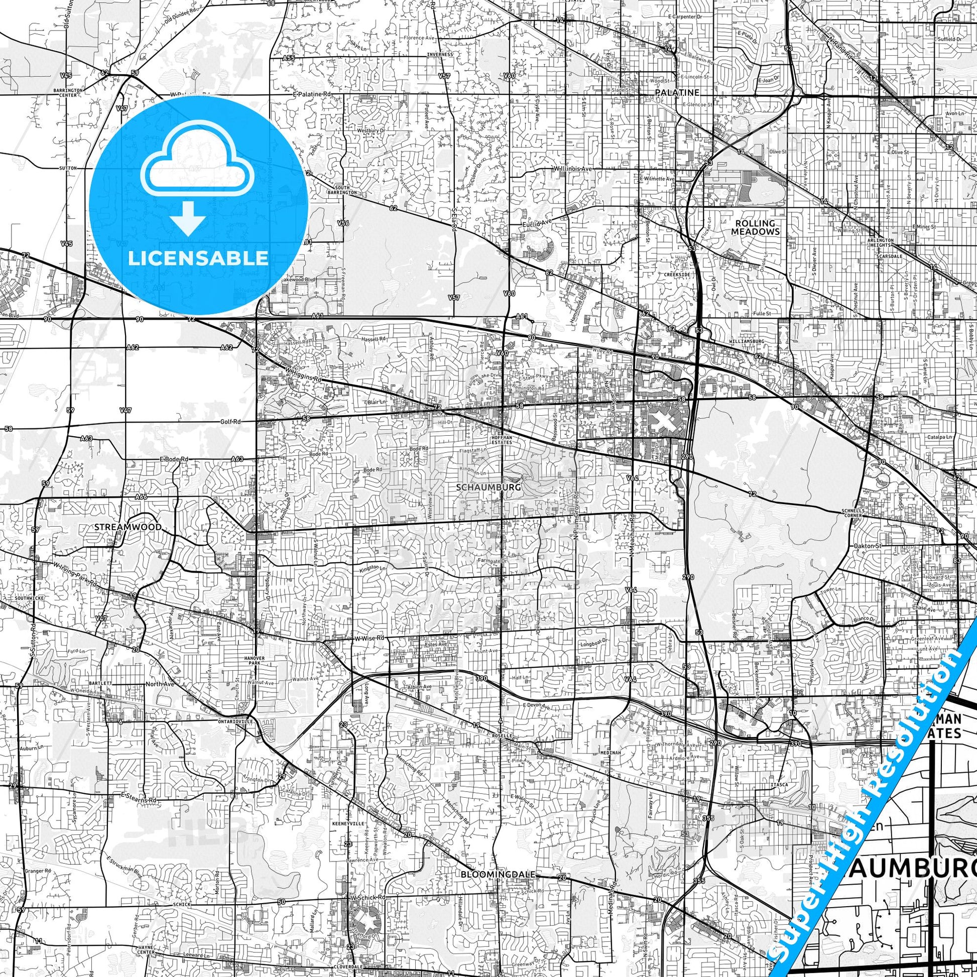 Schaumburg, Illinois light map with streetnames, citynames and districts