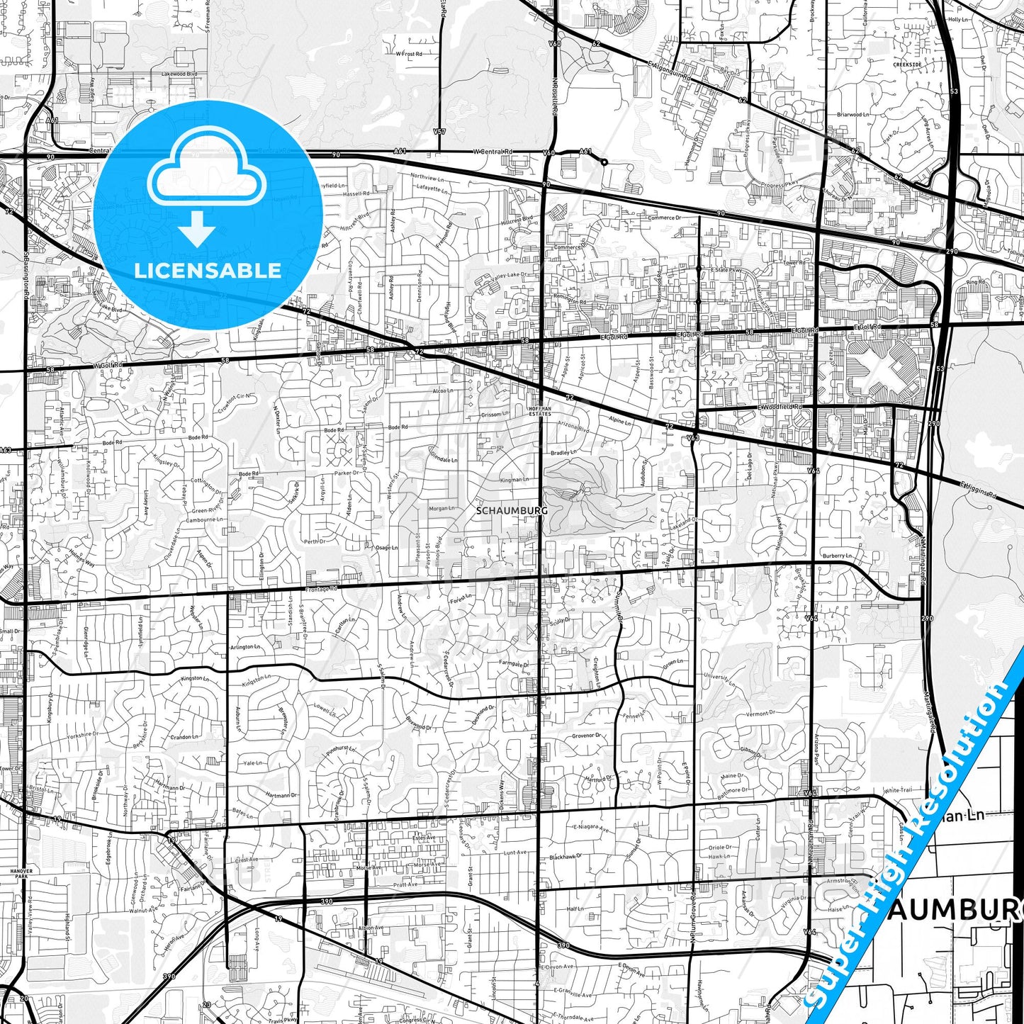 Schaumburg, Illinois Light Map with Street Names, City Names, and Districts