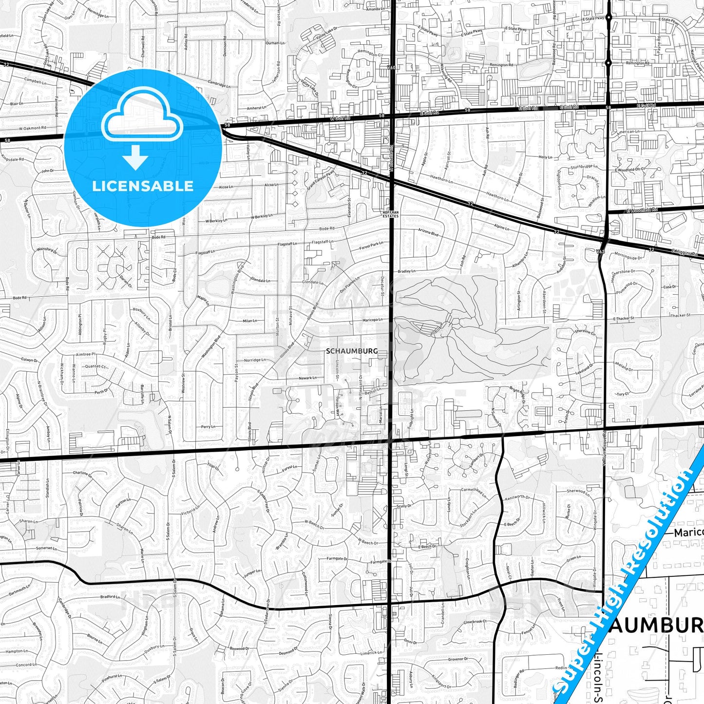 Schaumburg, Illinois Light Map with Street Names, City Names, and Districts