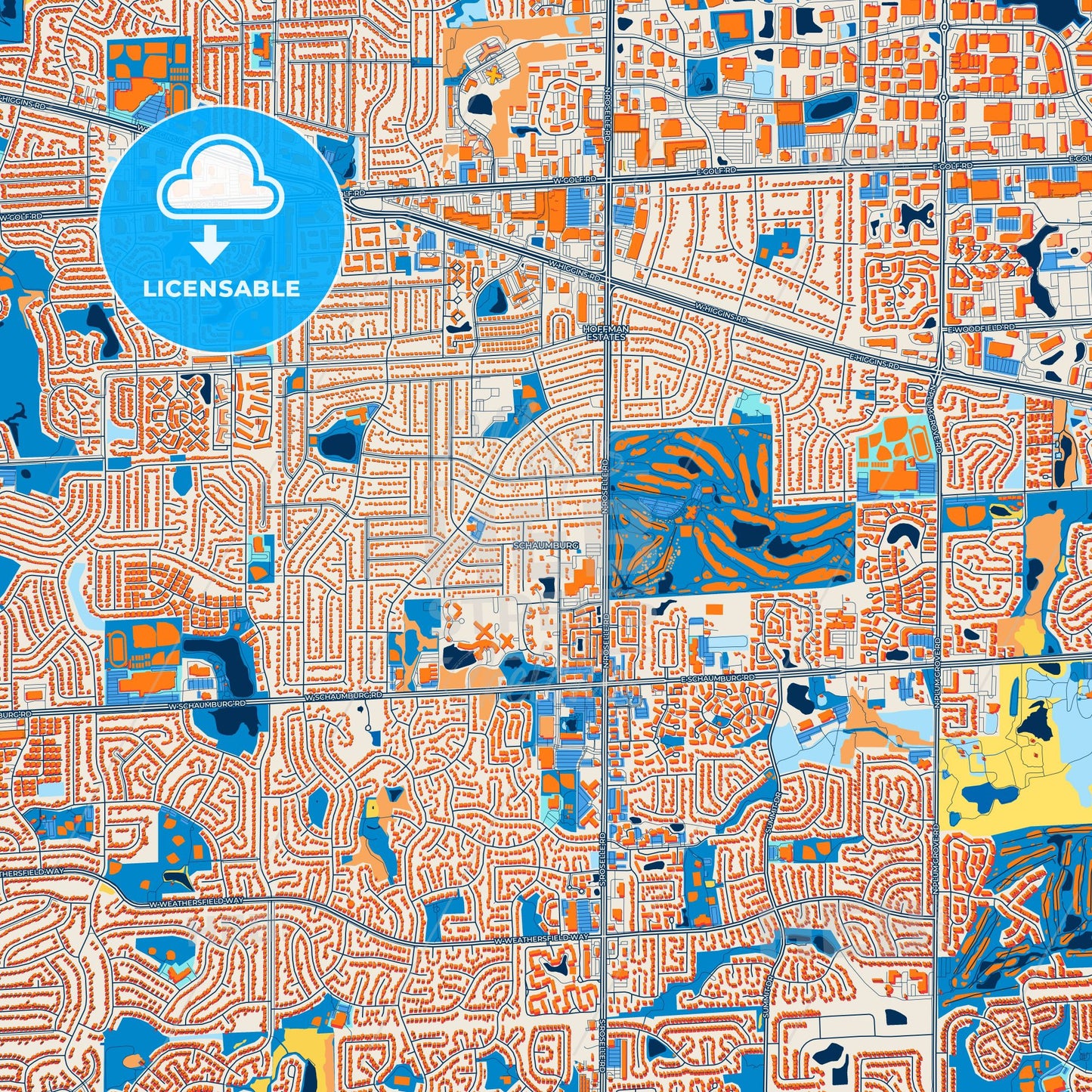Colorful Schaumburg Street Map with Labels and Buildings