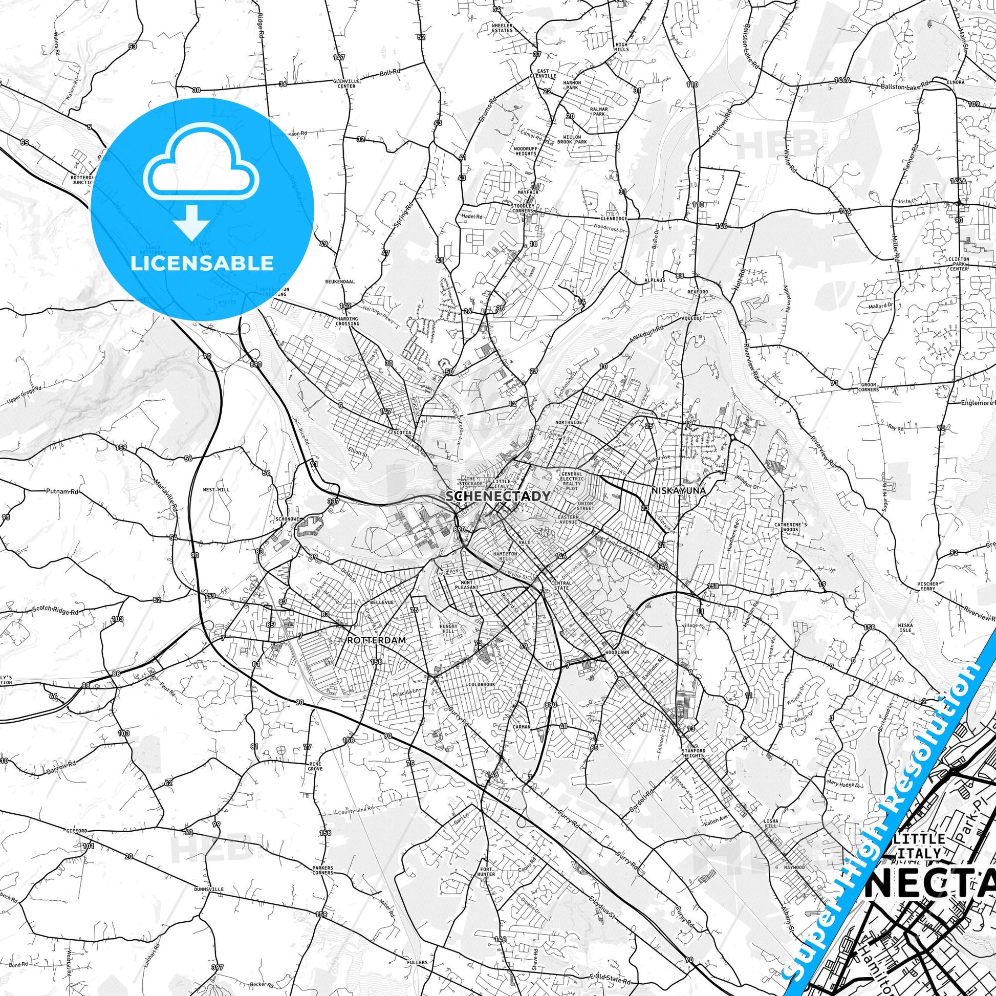 Schenectady, New York light map with streetnames, citynames and districts