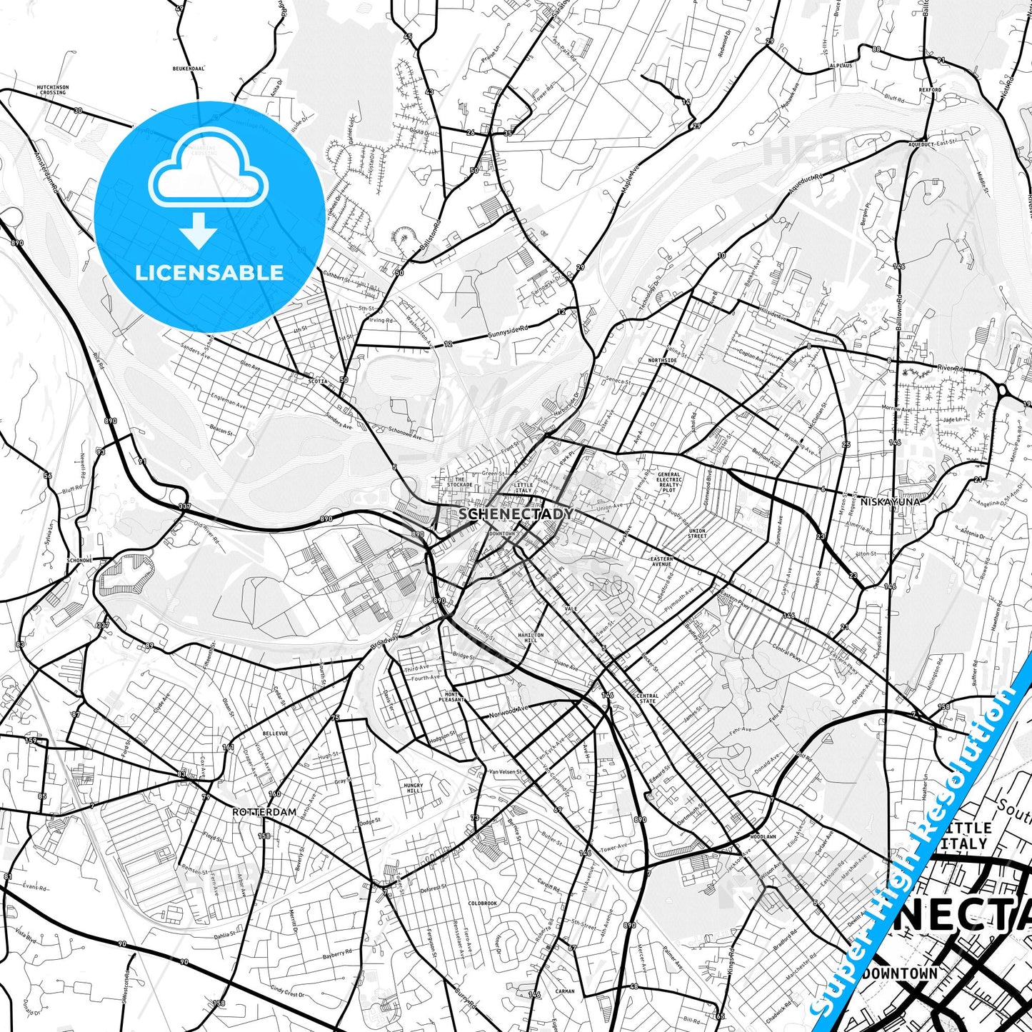 Schenectady, New York Light Map with Street Names, City Names, and Districts