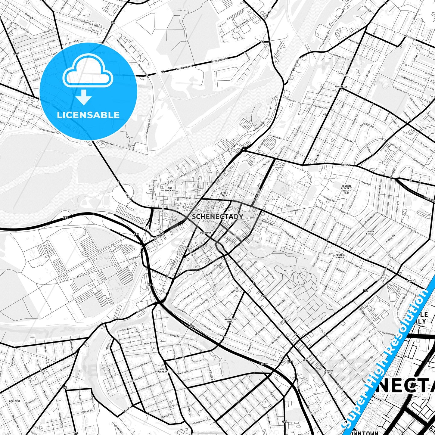Schenectady, New York Light Map with Street Names, City Names, and Districts