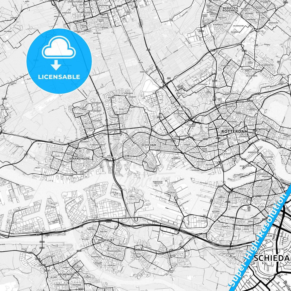 Schiedam, Netherlands light map with streetnames, citynames and districts