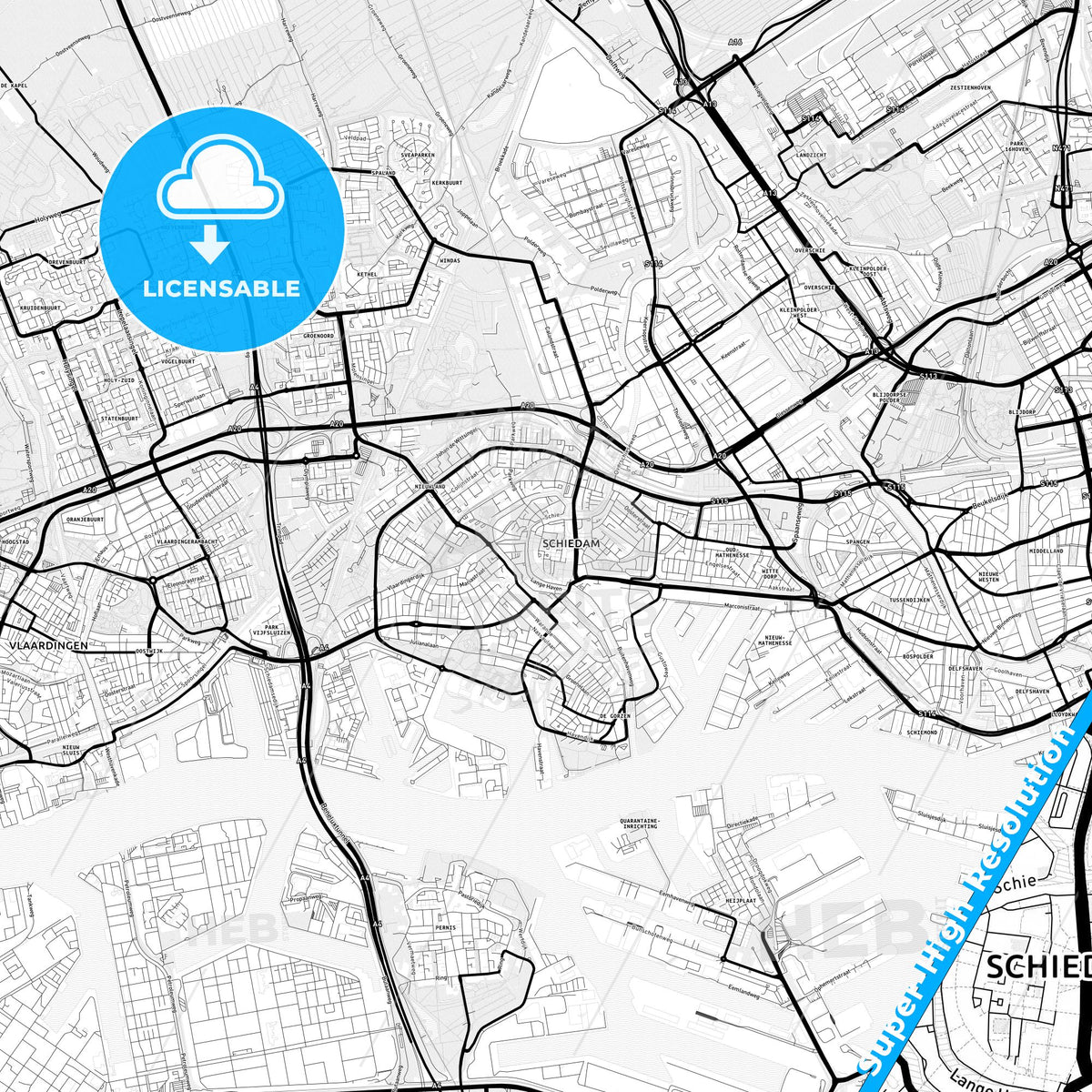 Schiedam, Netherlands Light Map with Street Names, City Names, and Districts
