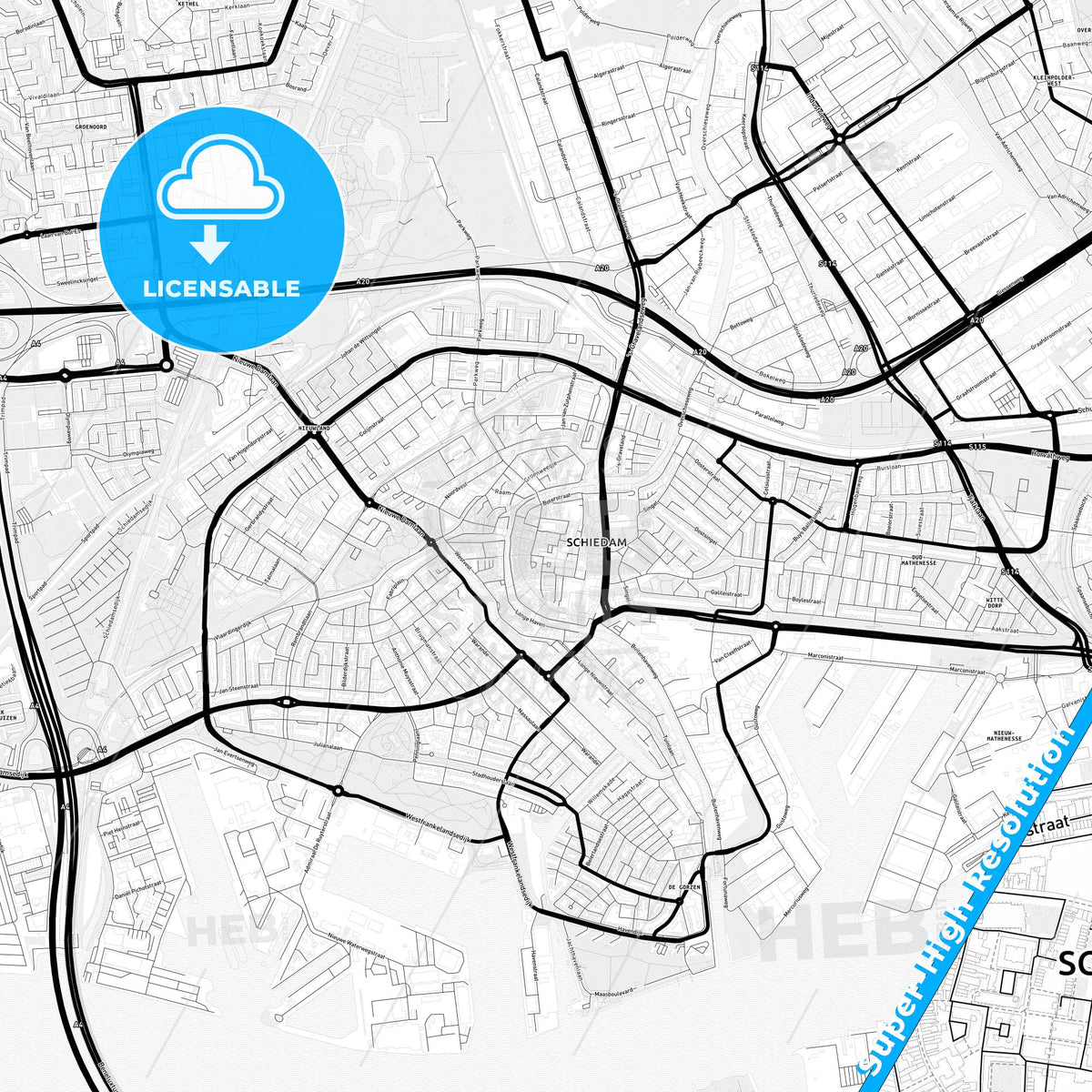 Schiedam, Netherlands Light Map with Street Names, City Names, and Districts