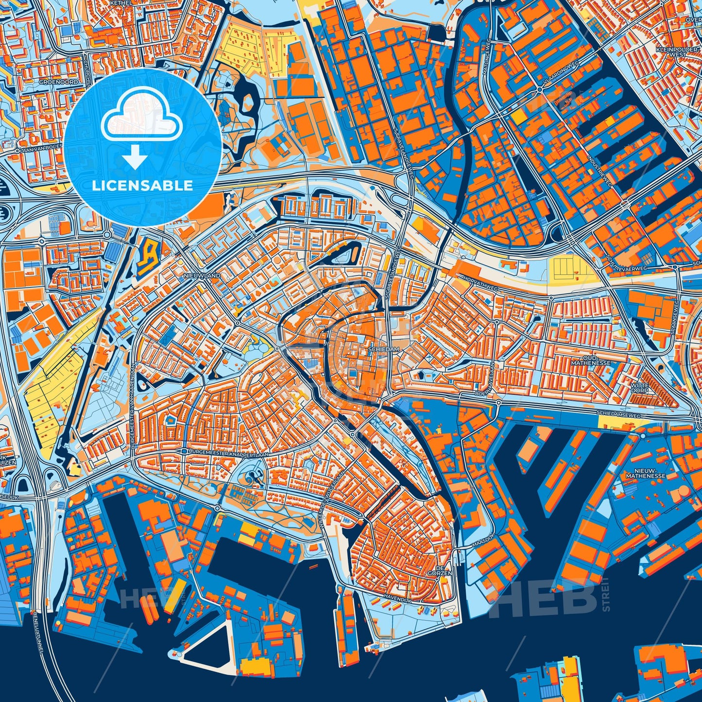 Colorful Schiedam Street Map with Labels and Buildings