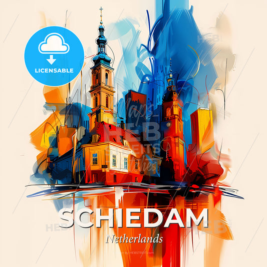 Vibrant Schiedam, Netherlands - A Painting Of A Building With A Tower - Square format print template