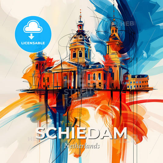 Vibrant Schiedam, Netherlands - A Painting Of A Building With A Dome And Towers - Square format print template