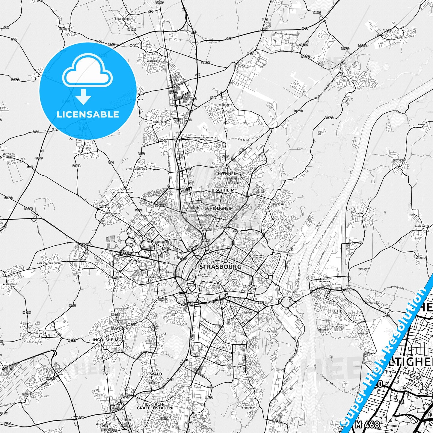 Schiltigheim, France light map with streetnames, citynames and districts