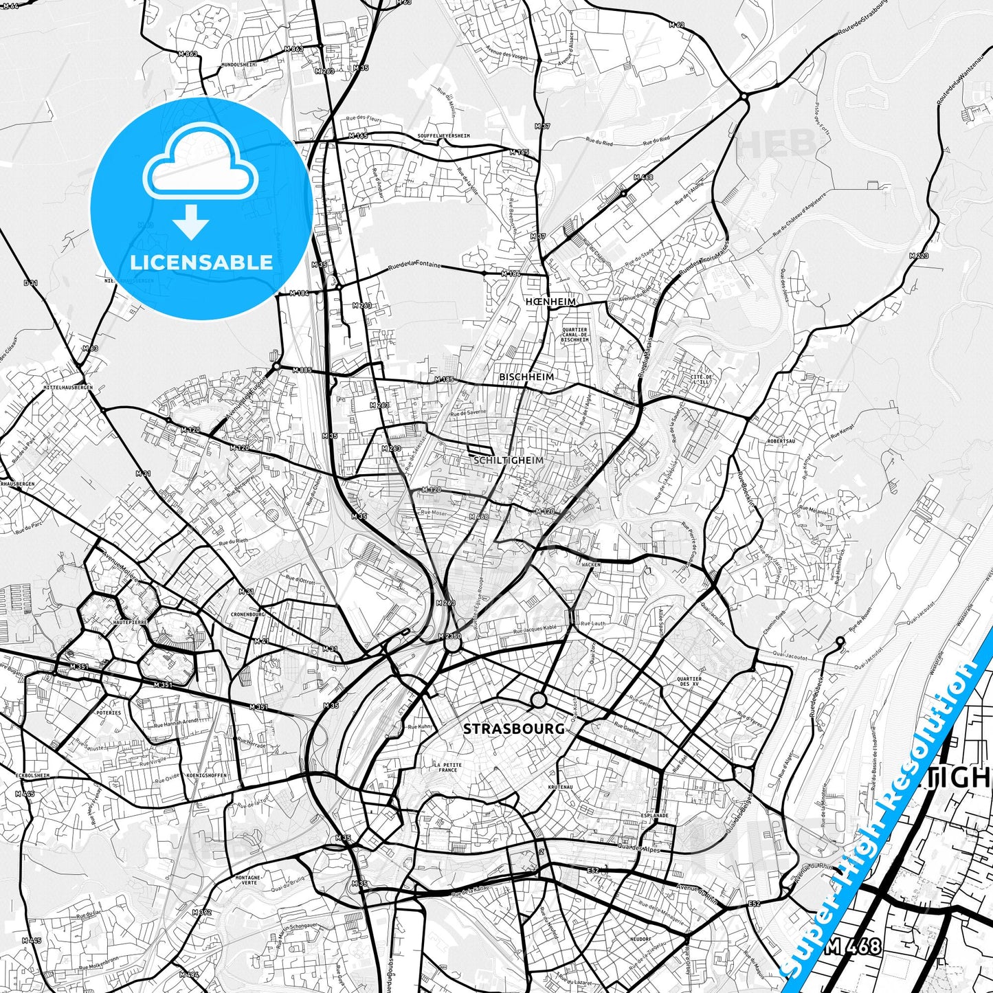 Schiltigheim, France Light Map with Street Names, City Names, and Districts