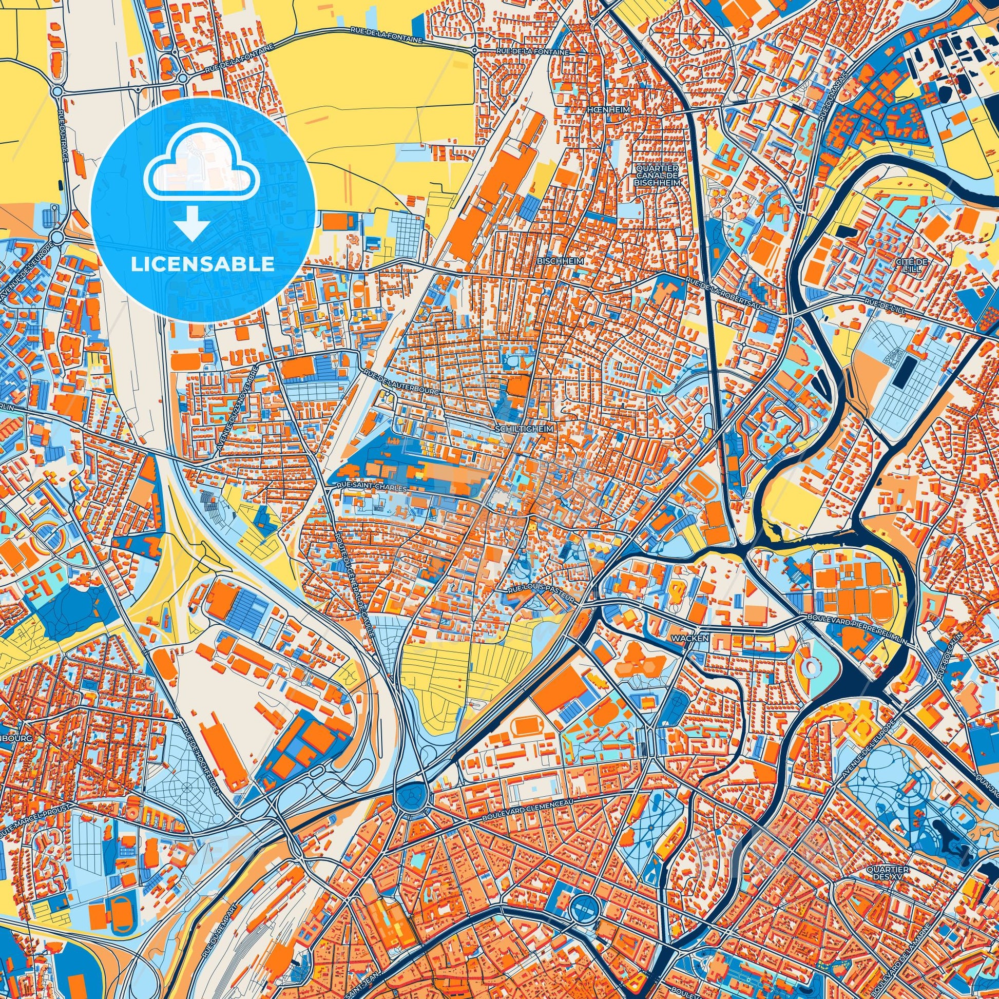 Colorful Schiltigheim Street Map with Labels and Buildings