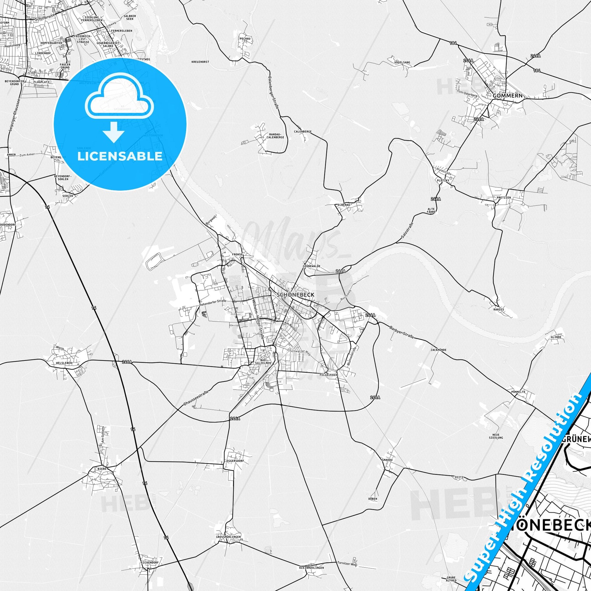 Schonebeck, Germany light map with streetnames, citynames and districts