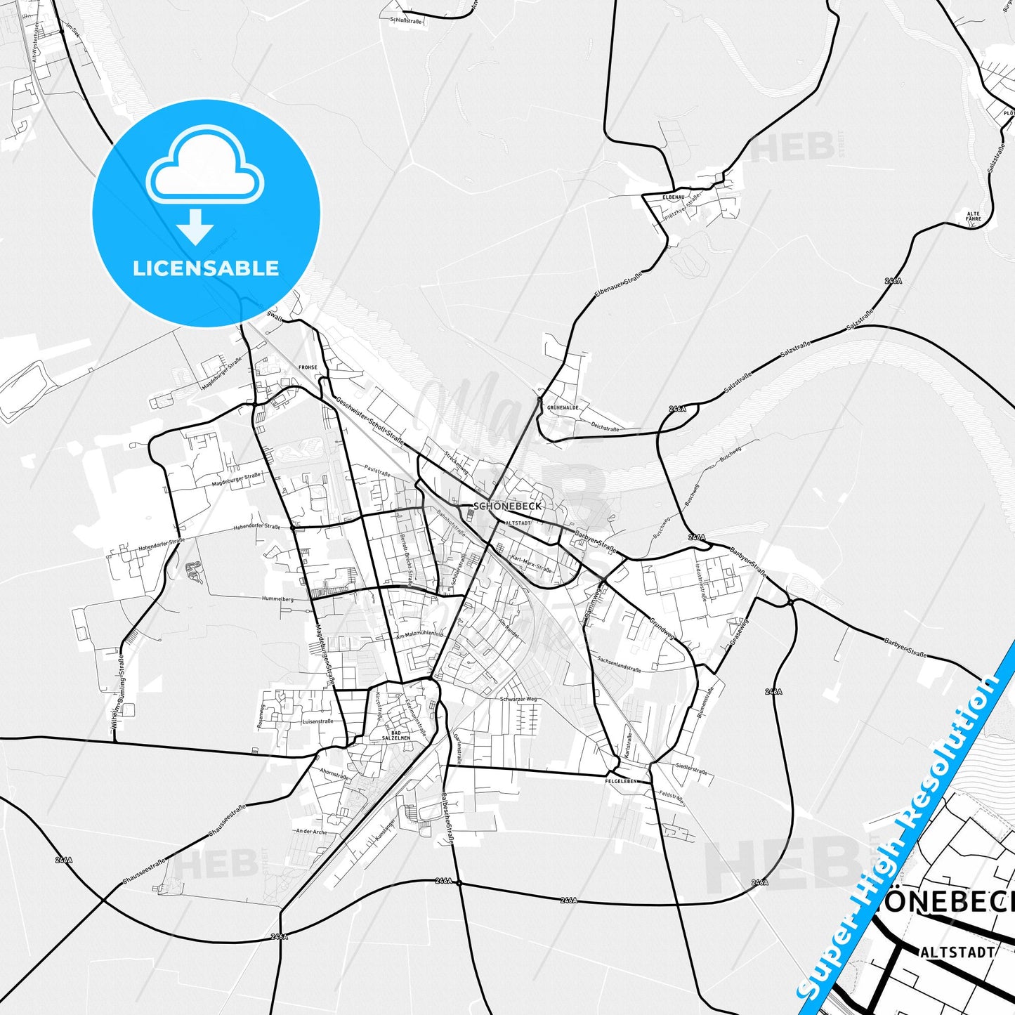 Schonebeck, Germany Light Map with Street Names, City Names, and Districts